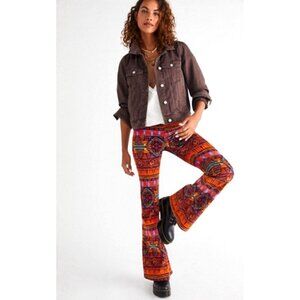 NEW! Free People Sedona Corduroy Printed Flare Pants Orange Red  SZ 28